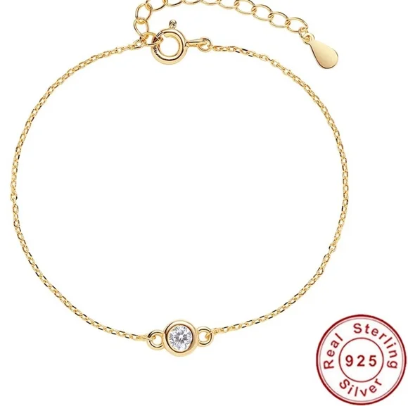 NEW 18k Yellow Gold | 925 Sterling Bezel Set Diamond Solitaire Bracelet - Picture 4 of 16